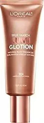 A 1.35 fluid ounces of L'Oreal Paris True Match Lumi Glotion Natural Glow Enhancer shade 904 Deep Glow in a bronze tube with a pump dispenser.