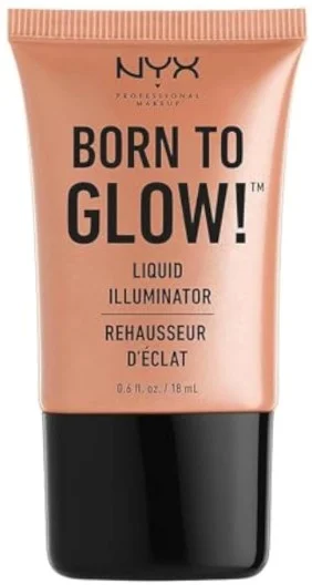 A tube of NYX Born to Glow! Liquid Illuminator featuring a peachy gold label and sleek black base, designed for highlighting skin.