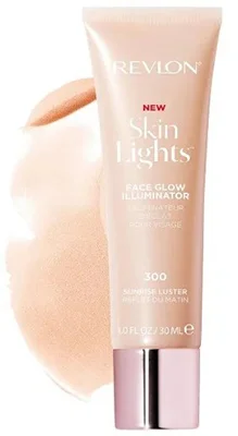 30 ml tube of Revlon Skin Lights Face Glow Illuminator in Sunrise Luster with a swatch of the illuminating product beside it.
