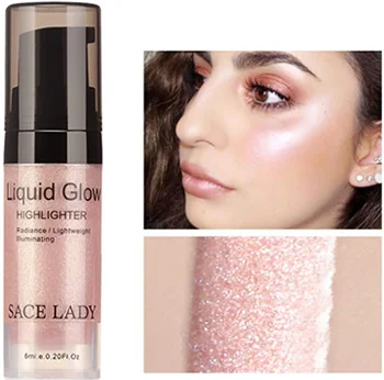 A bottle of SACE LADY Liquid Glow Highlighter with a pink shimmer swatch displayed beside it along with a model showcasing its radiant finish.